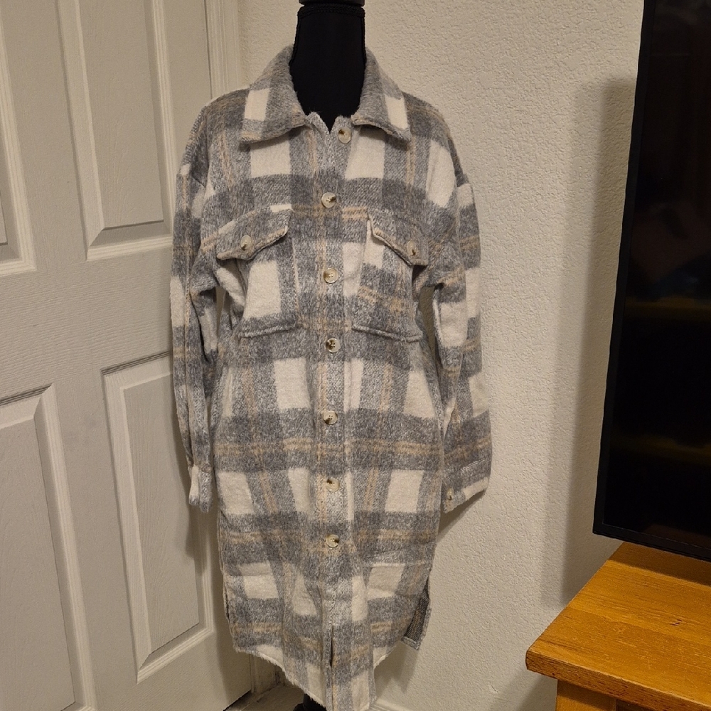 Plaid Gray and Cream Women's Flanel Coat
